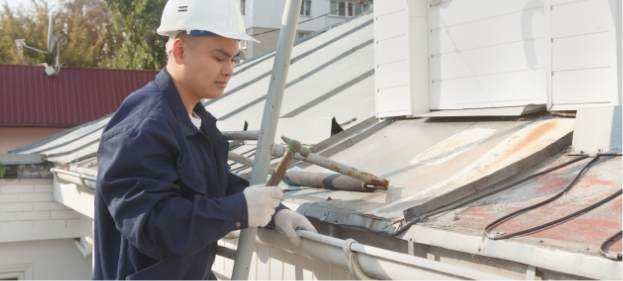 梯子で作業する様子